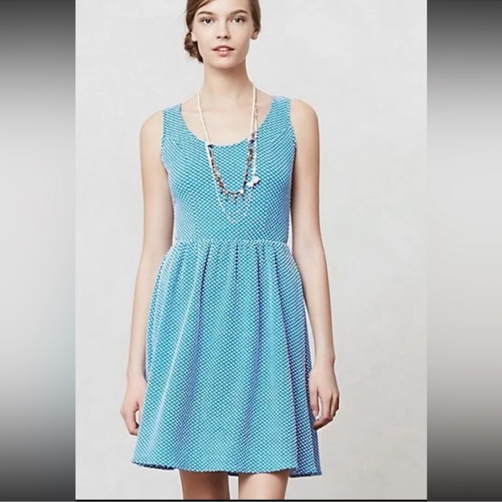 Maeve Anthropologie Textured Caldera Dress in Blue and White Polka Dot